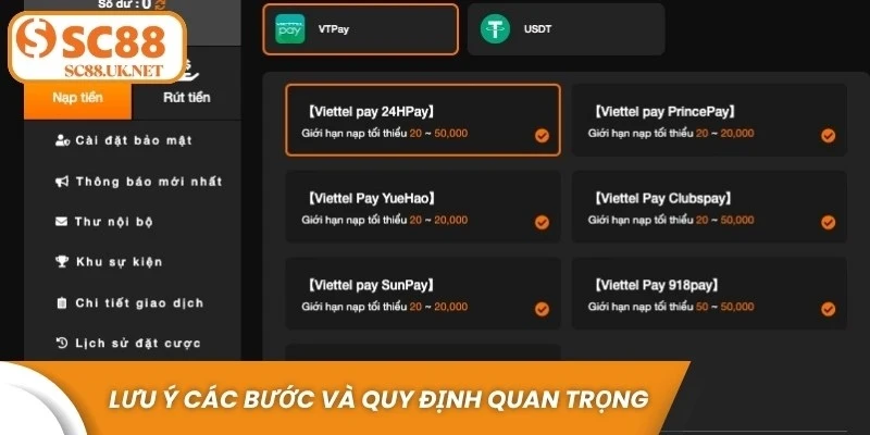 Lưu ý các bước và quy định quan trọng để việc nạp tiền SC88 diễn ra suôn sẻ